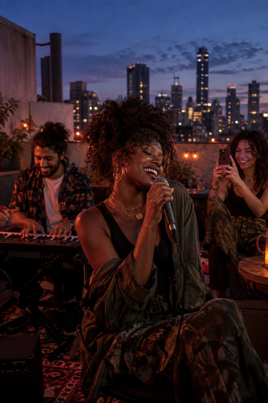 Friends making music together on a rooftop at dusk